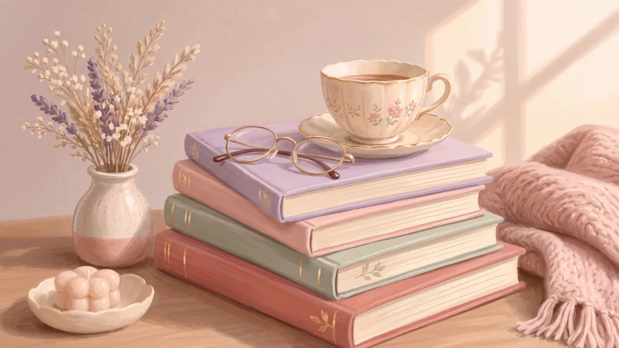 A cup of tea on a stack of books in warm afternoon light