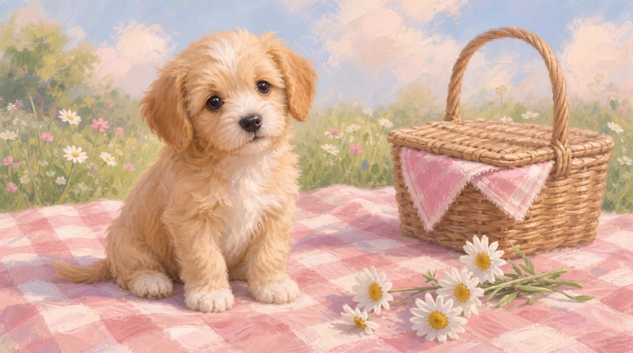 A golden puppy sitting on a picnic blanket among daisies