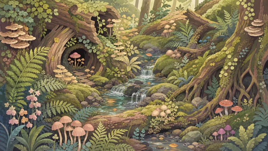 A mossy woodland path under ancient trees